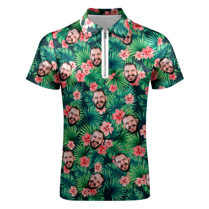 Custom Polo Shirt with Zipper Personalized Face Hawaiian Style Men's Polo Shirt