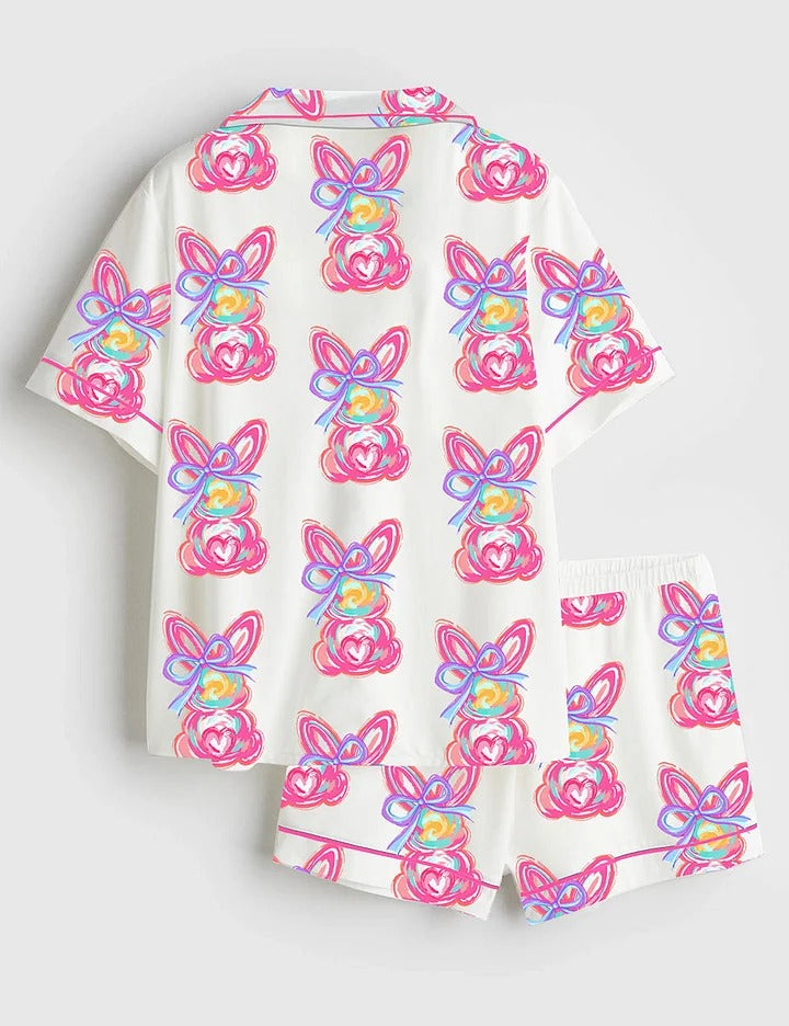 Women's Brushstroke Bunny Easter Short Sleeve Satin Pajama Set