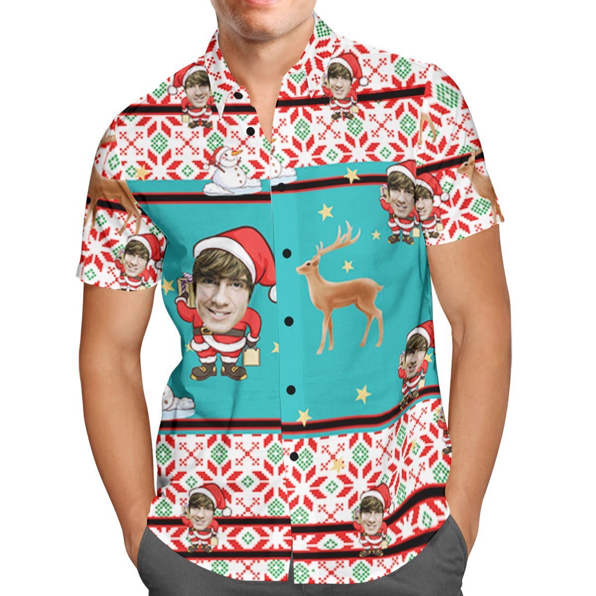 Custom Face Personalized Christmas Hawaiian Shirt Santa Claus and Reindeer