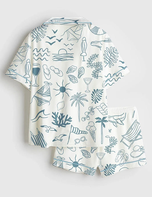 Women’s Hand Drawn Summer Beach Ocean Coastal Summer Nautical Bachelorette Print Short Sleeve Satin Pajama Set