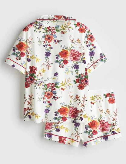 Women’s Beautiful Floral Bouquet Short Sleeve Satin Pajama Set