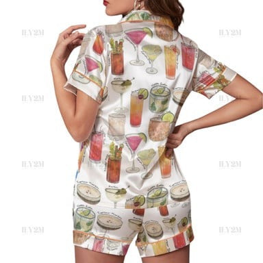 Cocktails Print Short Sleeve Satin Pajamas Set For Women, Summer PJs Party, Alcohol Gift, Girls Weekend Outfit, Gift for Cocktails Lovers