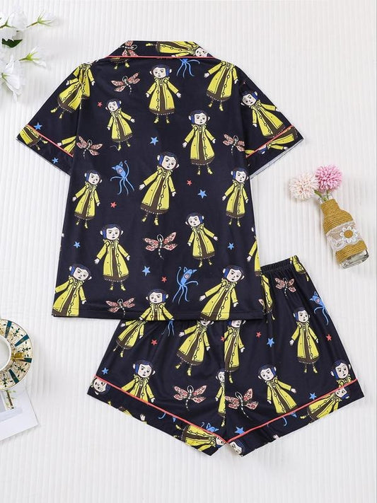 Women's Monkey Print Pajama Set, Short Sleeve Button Front Top & Elastic Shorts, Casual Home Wear, Comfortable Sleepwear