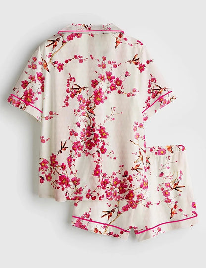 Women’s Cherry Blossom And Hummingbird Short Sleeve Satin Pajama Set