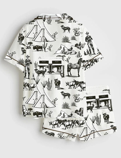 Women’s Wild West Adventure Western Cowgirl Print Short Sleeve Satin Pajama Set