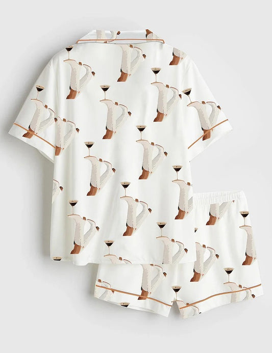 Women's White Cowgirl Espresso Martini Short Sleeve Satin Pajama Set
