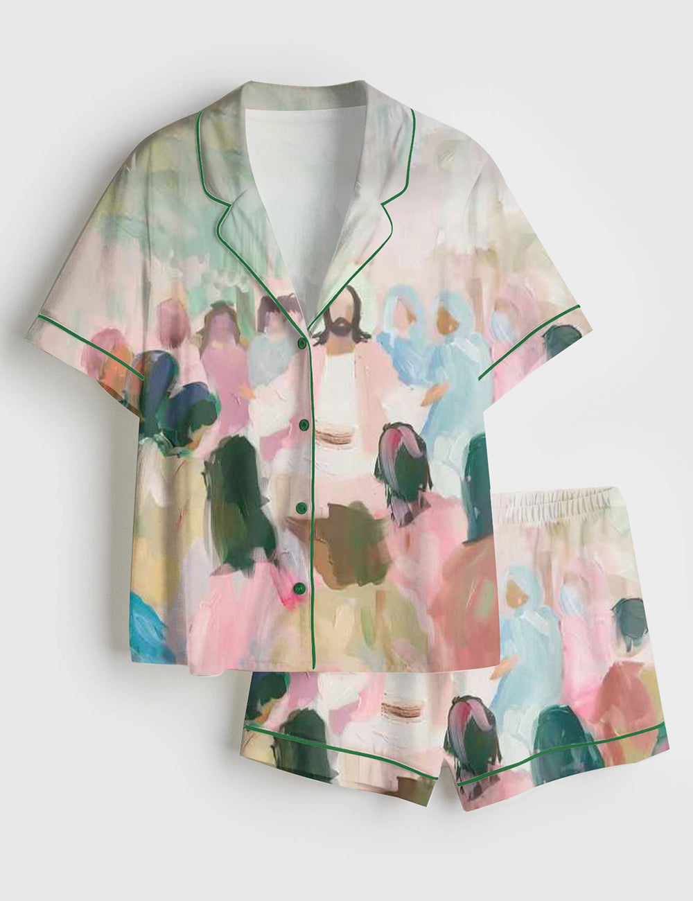 Women’s Pastel Jesus Preaching Oil Painting Vintage Bright Christian Abstract Jesus Short Sleeve Satin Pajama Set