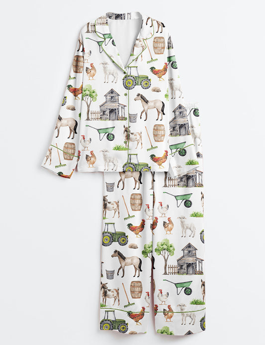 Women’s Watercolor Allover Goat Farm Long Sleeve Satin Pajama Set