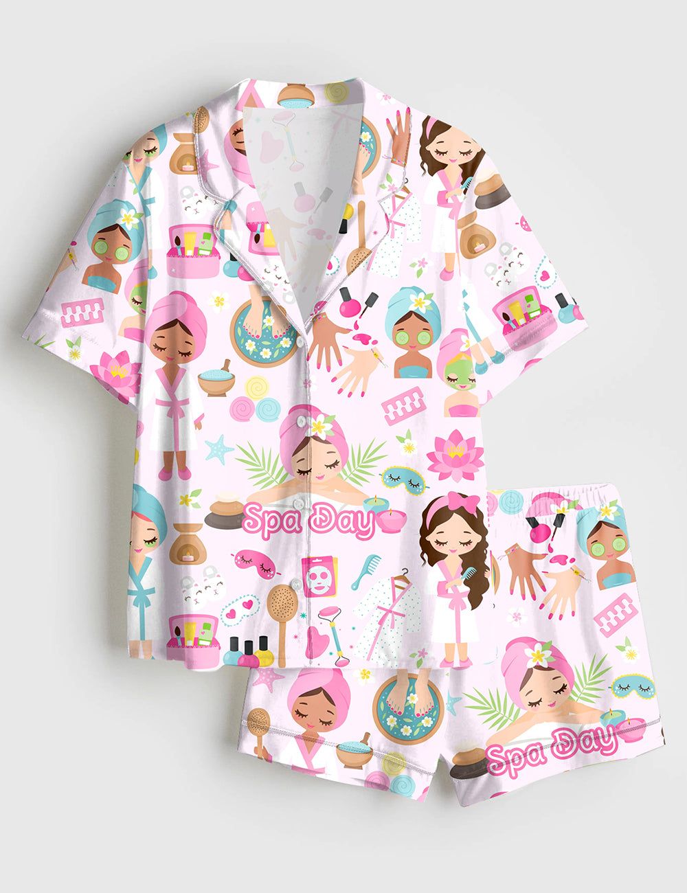 Women’s Spa Day Cute Spa Girl Self Care Spa Birthday Manicure Pedicure Mani Pedi Print Short Sleeve Satin Pajama Set