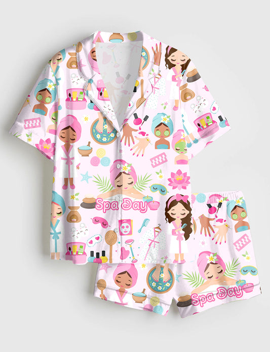 Women’s Spa Day Cute Spa Girl Self Care Spa Birthday Manicure Pedicure Mani Pedi Print Short Sleeve Satin Pajama Set
