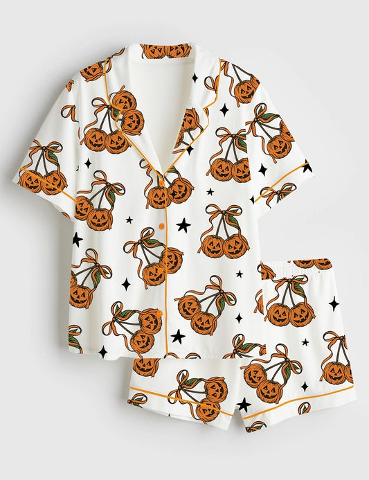 Women’s Halloween Pumpkin Cheeries Coquette Short Sleeve Satin Pajama Set