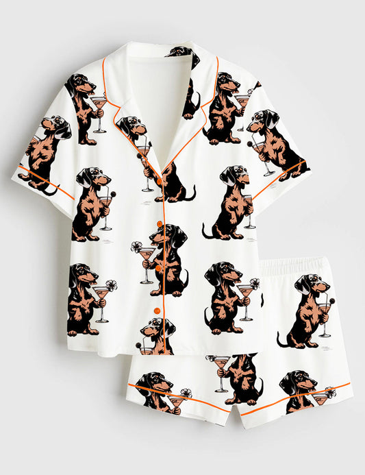 Women's Martini Cocktail Lover Dachshund Cocktail Weenies Short Sleeve Satin Pajama Set
