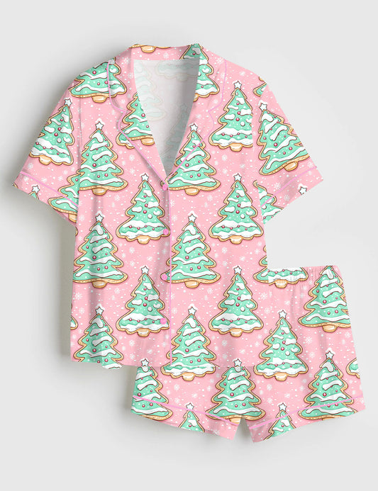 Women’s Preppy Christmas Cakes Short Sleeve Satin Pajama Set