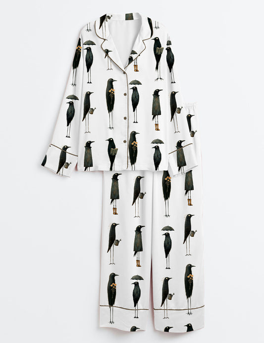 Women’s Whimsical Crows Quirky Black Raven Birding F-Caw-F Long Sleeve Satin Pajama Set