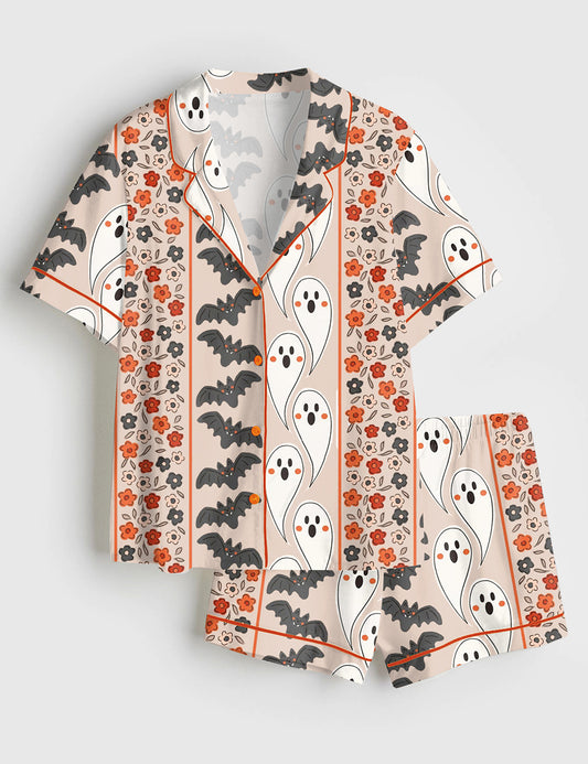Women’s Halloween Ghost Floral Halloween Bat Short Sleeve Satin Pajama Set