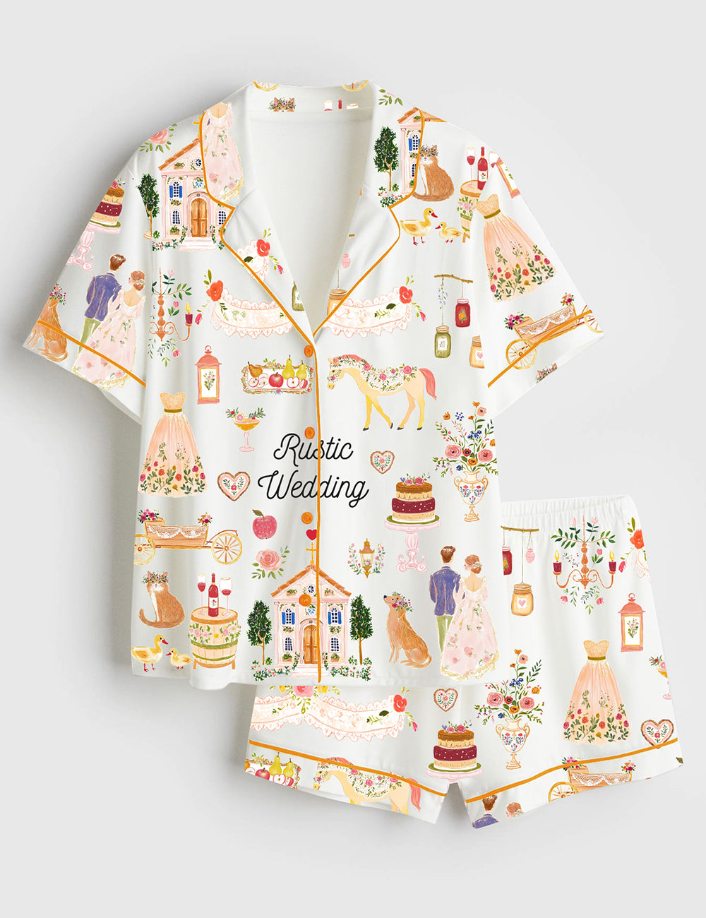 Women’s Boho Chic Rustic Wedding Short Sleeve Satin Pajama Set