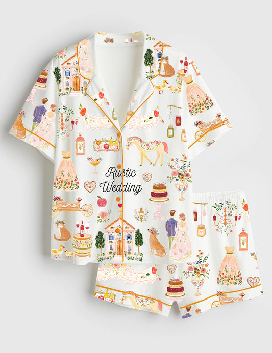 Women’s Boho Chic Rustic Wedding Short Sleeve Satin Pajama Set