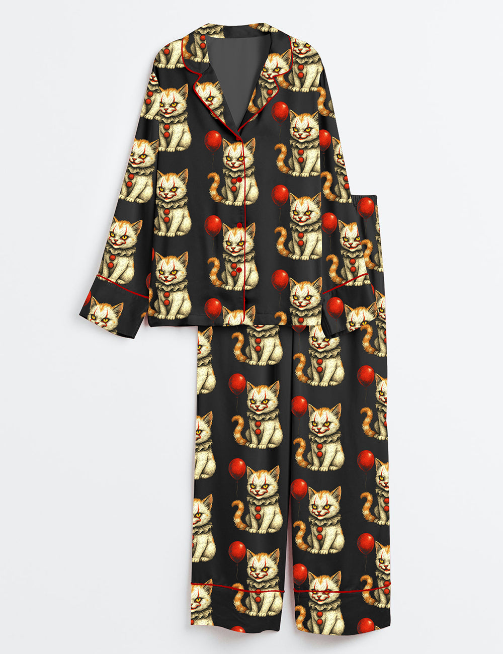 Women’s Halloween Cat Horror Movie Long Sleeve Satin Pajama Set