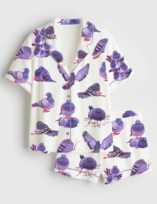 Women’s Pigeon Art Short Sleeve Satin Pajama Set