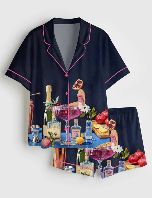 Women’s Pomegranate Cocktail Retro Bar Vintage French 75 Martini Short Sleeve Satin Pajama Set