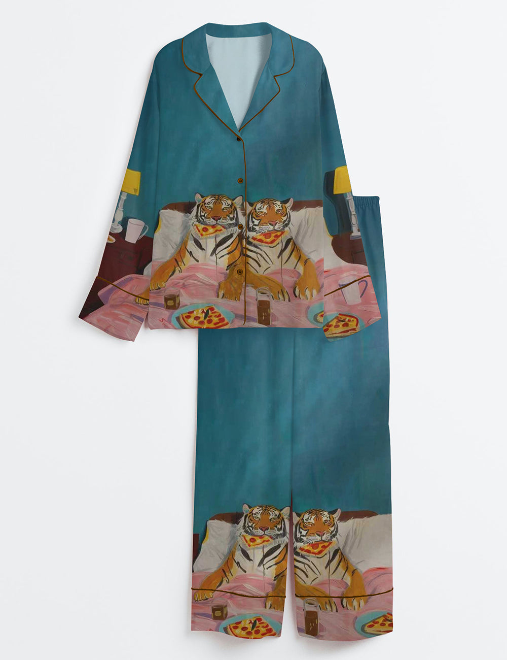 Women’s Tiger Pizza Print Bedroom Funny Long Sleeve Satin Pajama Set