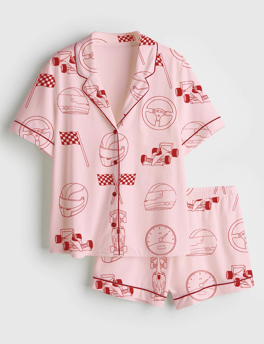 Women’s Racing Flag Racinng Cars Pink Short Sleeve Satin Pajama Set