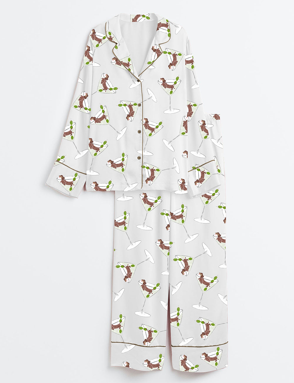 Women’s Weenie Tini Weiner Dog Dirty Martini Long Sleeve Satin Pajama Set
