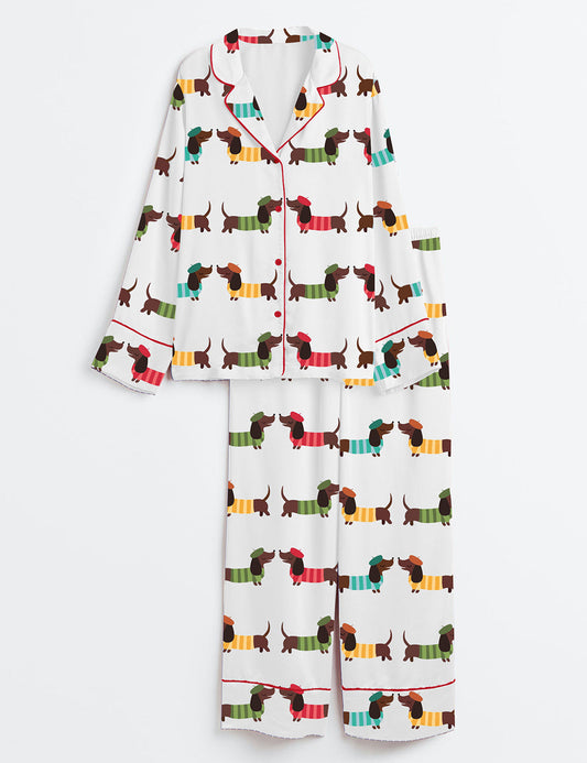 Women's Adorable Dachshund Dog Long Sleeve Satin Pajama Set