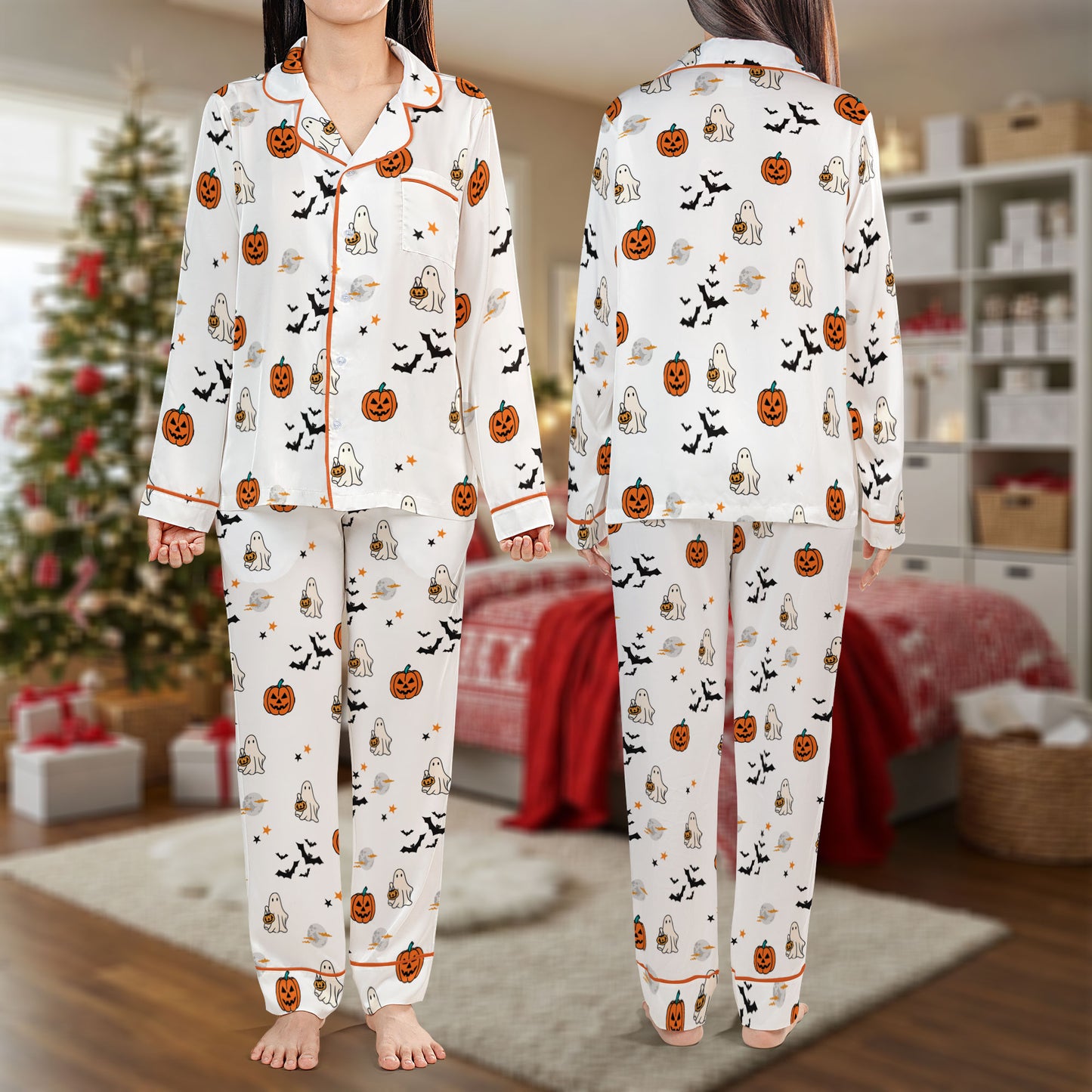 Cute Halloween Pajama Set – Ghost and Pumpkin Pajamas | Cozy Pajama Gift Set, Girl Pajamas, Fall Sleepwear, Cute Pajamas for My Love, Halloween Pajamas for Women HPRPJMADL-08