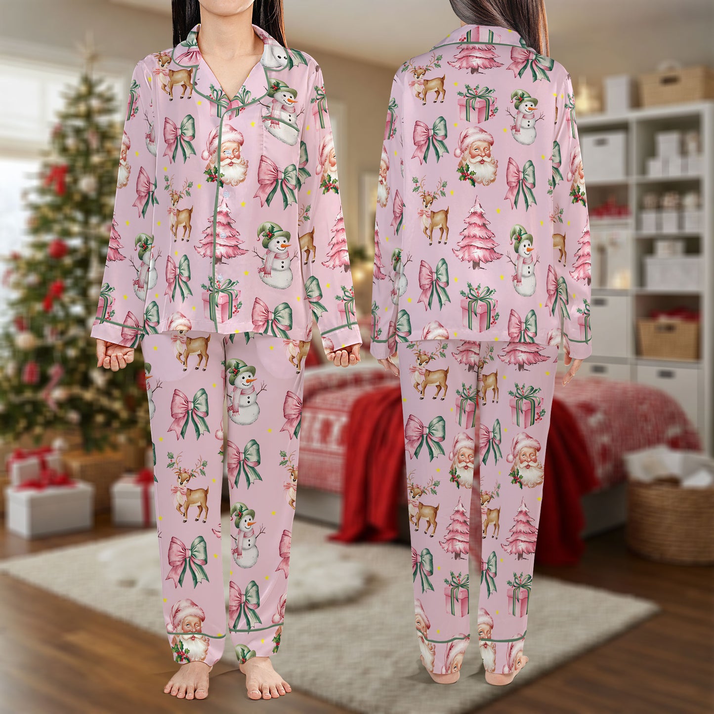 Pink Christmas Pajama Set – Cute Santa and Snowman Pajamas | Cozy Pajama Gift Set, Girl Pajamas, Holiday Sleepwear, Cute Pajamas for My Love, Christmas Pajamas for Women HPRPJMADL-16
