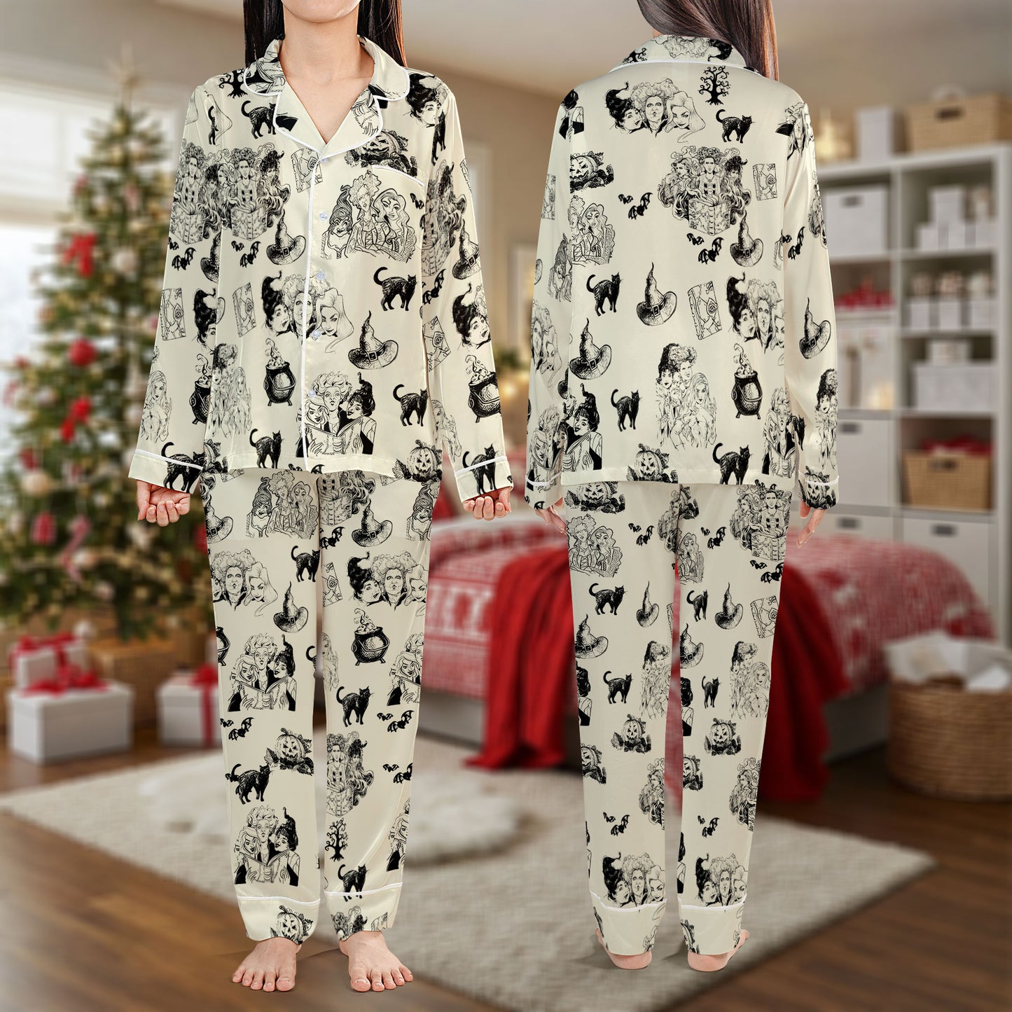 Witchy Halloween Pajama Set – Vintage Black Cat Pajamas | Cozy Pajama Gift Set, Cute Pajamas for My Love, Family Pajamas for Women, Men, Kids & Youth HPRPJMADL-22