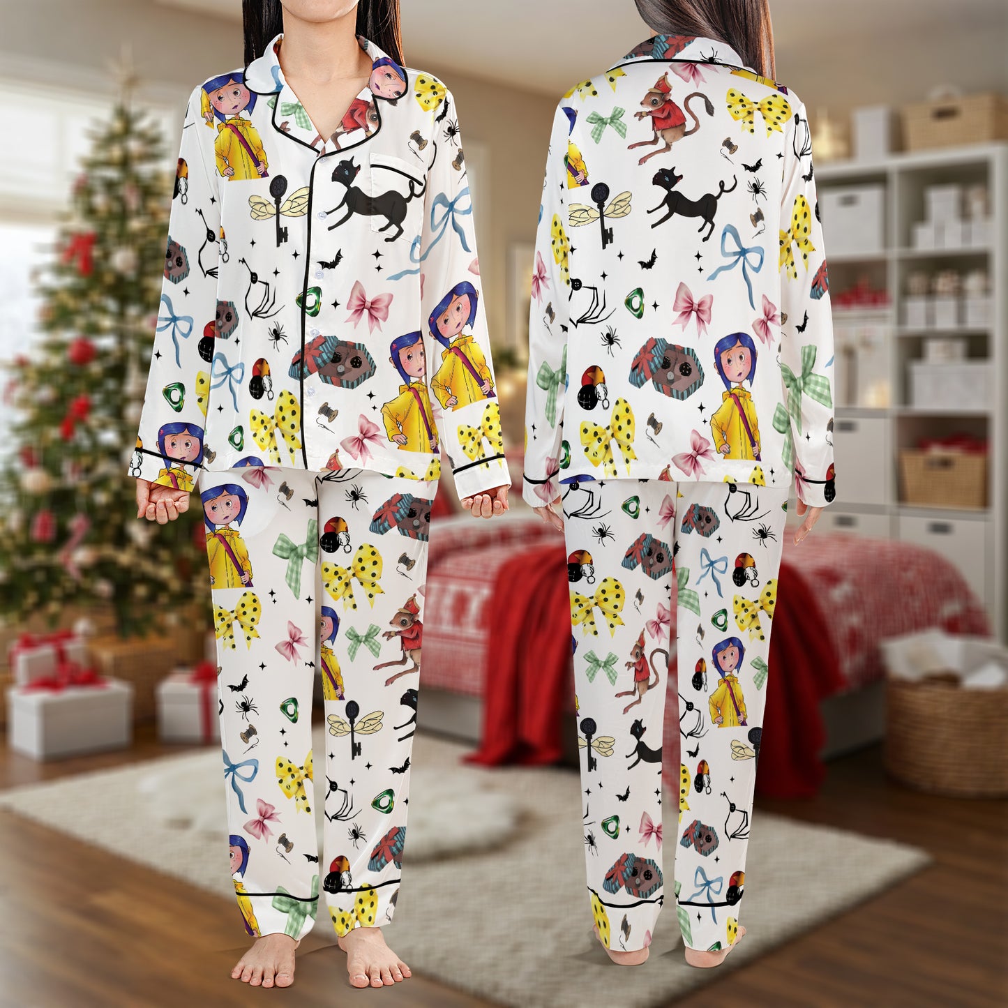 Coraline Inspired Pajama Set – Cute Cartoon Print Pajamas | Cozy Pajama Gift Set, Family Pajamas for Women, Men, Kids & Youth, Holiday Sleepwear HPRPJMADL-33