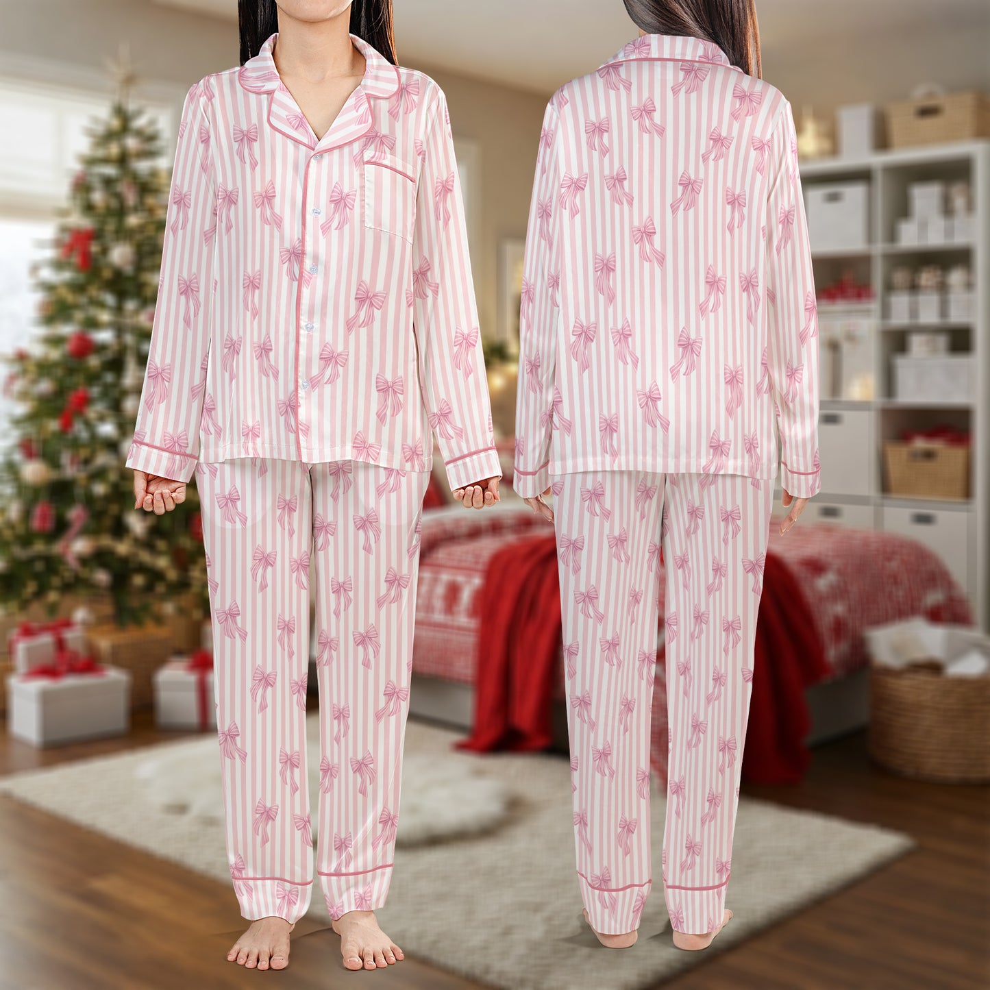 Pink Ribbon Striped Pajama Set – Elegant Bow Print Pajamas | Cozy Pajama Gift Set, Cute Pajamas for My Love, Family Pajamas for Women, Men, Kids & Youth HPRPJMADL-34