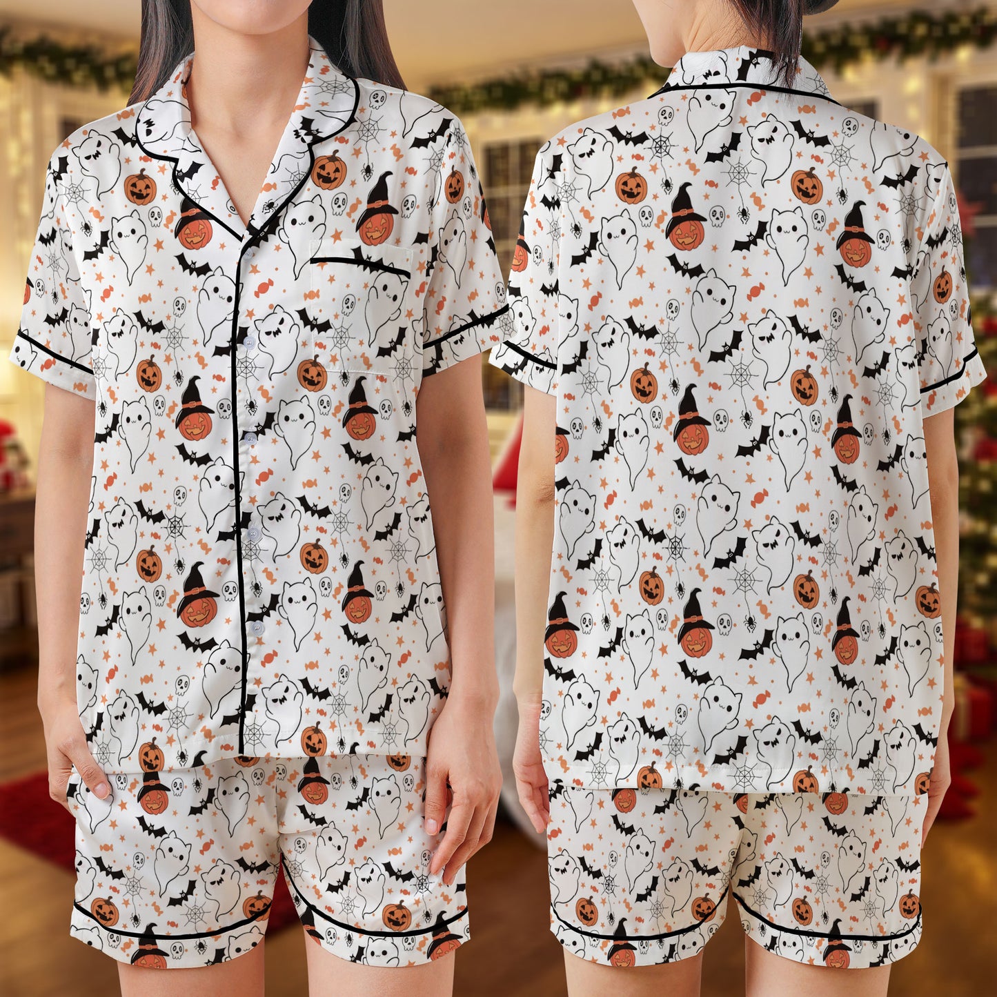 Halloween Ghost Short Pajama Set – Cute Pumpkin & Bat Print Pajamas | Spooky Sleepwear for Women, Men, Kids & Youth, Cozy Holiday Pajama Gift Set HPRPJMADS-04