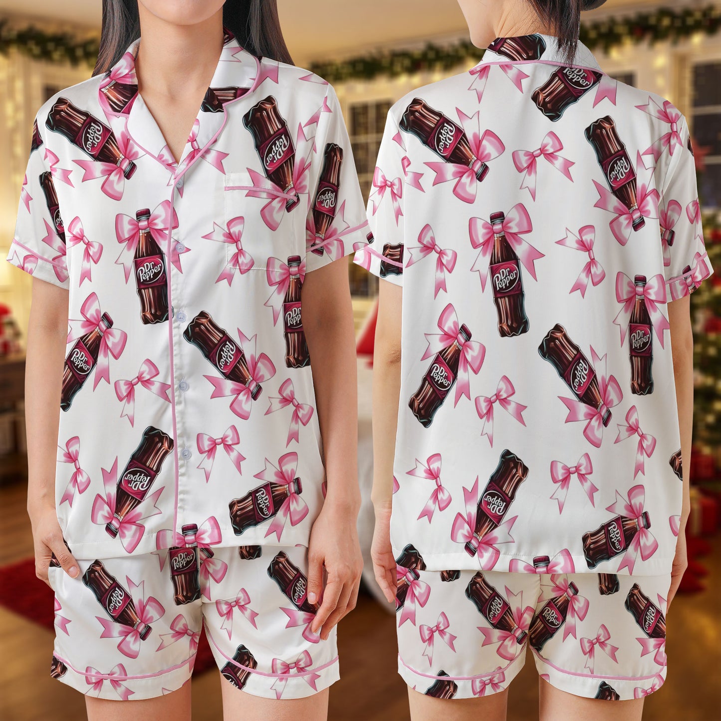 Soda Bottle Short Pajama Set – Cute Pink Bow Print Sleepwear | Fun Cozy Pajamas for Women, Men, Kids & Youth, Refreshing Holiday Pajama Gift Set HPRPJMADS-06
