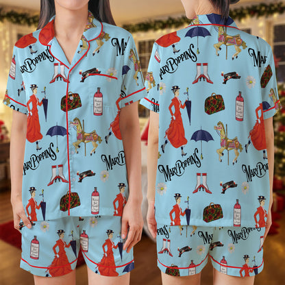 Mary Poppins Short Pajama Set – Vintage Movie Print Sleepwear | Magical Sky Blue Pajamas for Women, Men, Kids & Youth, Whimsical Cozy Pajama Gift Set HPRPJMADS-09