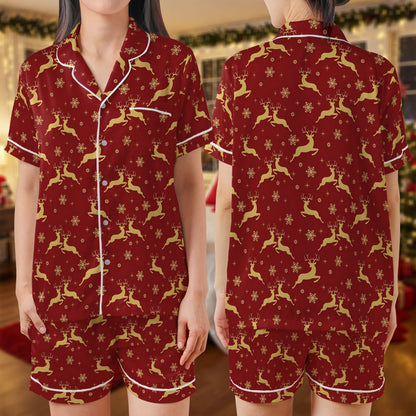Christmas Reindeer Short Pajama Set – Festive Red & Gold Holiday Sleepwear | Cozy Xmas Pajamas for Women, Men, Kids & Youth, Matching Family Pajama Gift Set HPRPJMADS-10