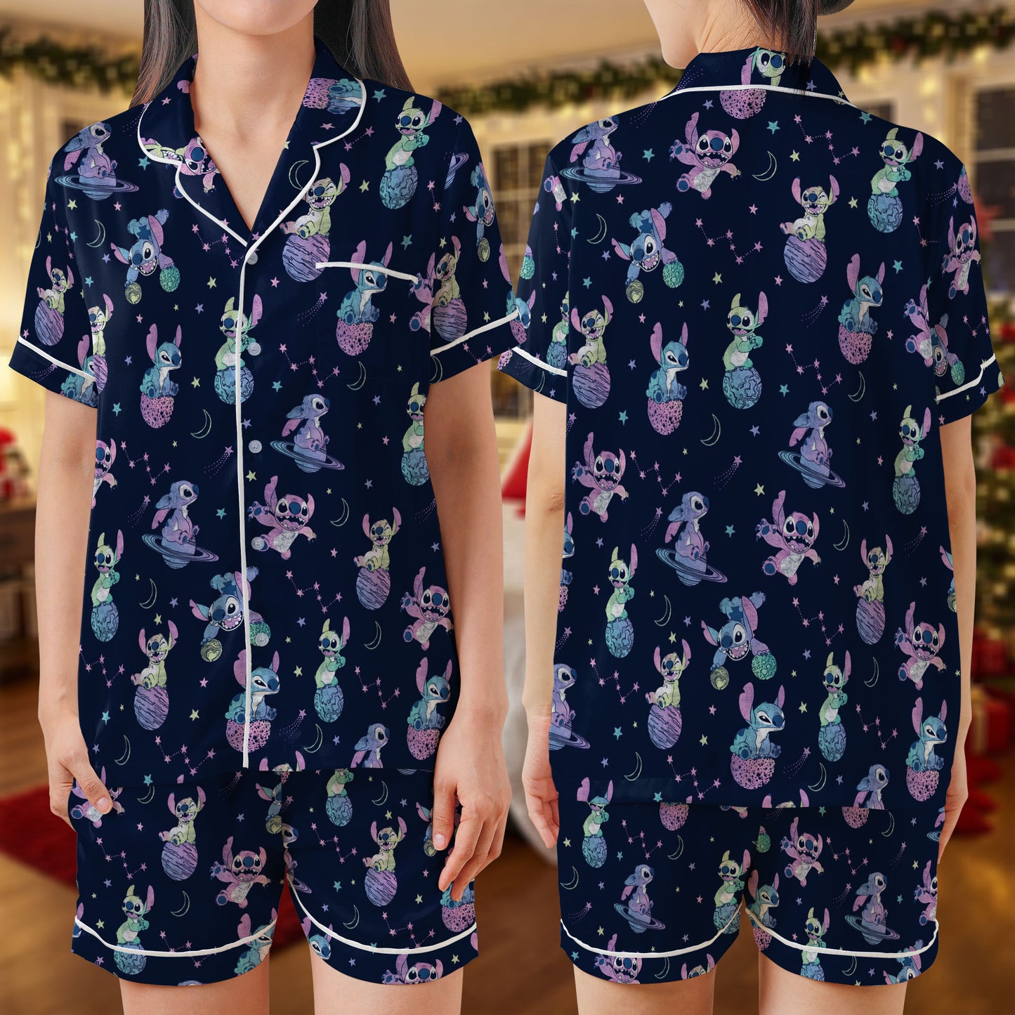 Stitch Galaxy Short Pajama Set – Cute Alien & Space Theme Sleepwear | Navy Blue Cartoon PJs for Women, Men, Kids & Youth, Cozy Matching Family Gift Set HPRPJMADS-14