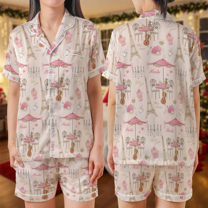 Paris Café Short Pajama Set – French Bakery & Eiffel Tower Print Sleepwear | Pink Cream Aesthetic PJs for Women, Men, Kids & Youth, Matching Family Loungewear Gift HPRPJMADS-16