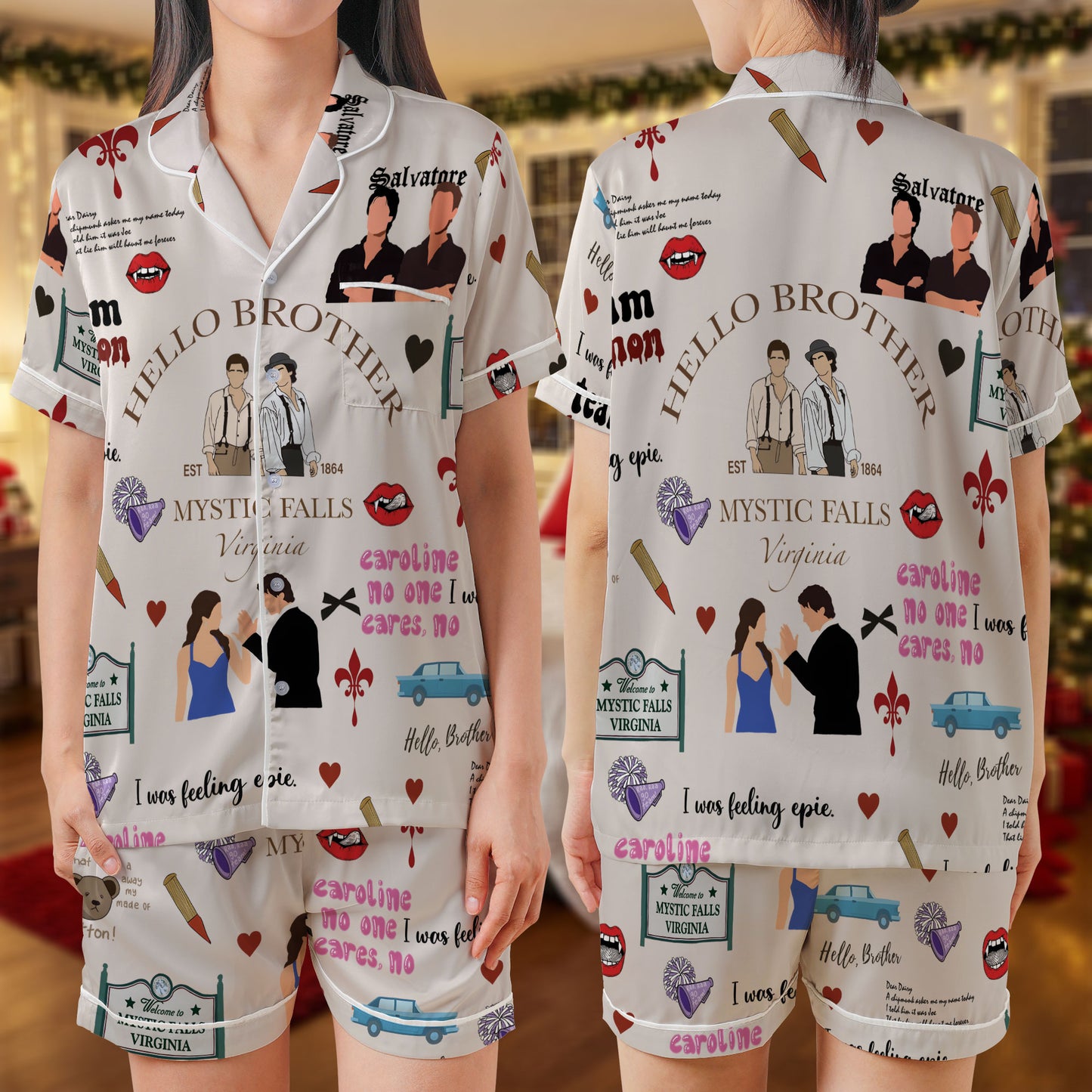 Mystic Falls Short Pajama Set – Vampire Diaries Inspired Sleepwear | “Hello Brother” Salvatore Design Satin PJs, White Lounge Set for Women, Men, Kids & Youth Fans HPRPJMADS-22