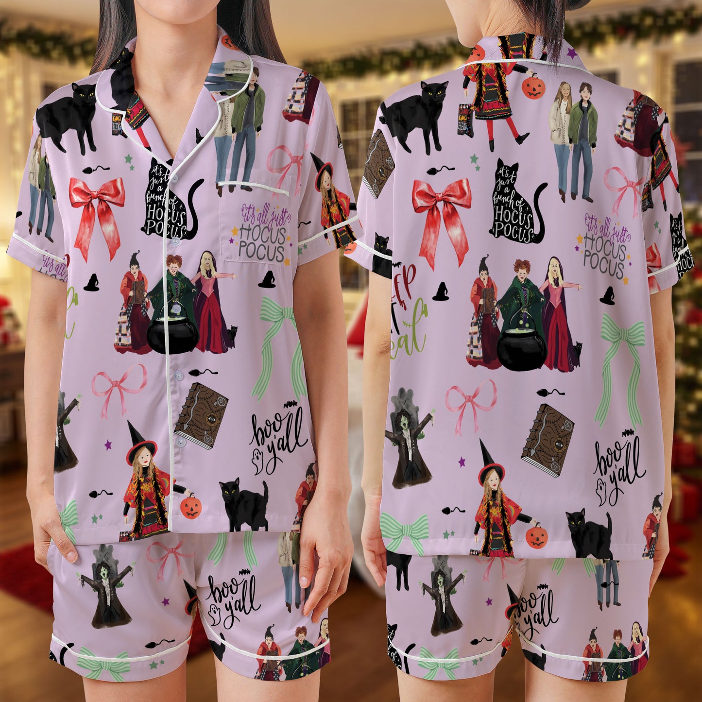 Hocus Pocus Short Pajama Set – Halloween Witch Satin Sleepwear | Pink “It’s All Just a Bunch of Hocus Pocus” Themed PJs for Women, Men, Kids & Matching Family Outfit HPRPJMADS-23