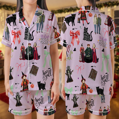 Hocus Pocus Short Pajama Set – Halloween Witch Satin Sleepwear | Pink “It’s All Just a Bunch of Hocus Pocus” Themed PJs for Women, Men, Kids & Matching Family Outfit HPRPJMADS-23