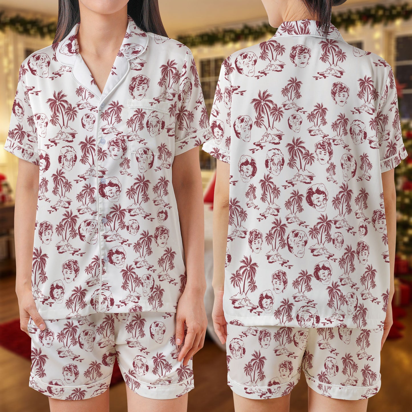 Lucille Tropical Satin Pajama Set – “I Love Lucy” Inspired Short PJs | Vintage Red Palm Tree & Lucy Print Sleepwear for Women, Men, Youth & Matching Family Look HPRPJMADS-25