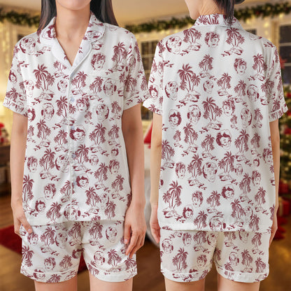 Lucille Tropical Satin Pajama Set – “I Love Lucy” Inspired Short PJs | Vintage Red Palm Tree & Lucy Print Sleepwear for Women, Men, Youth & Matching Family Look HPRPJMADS-25