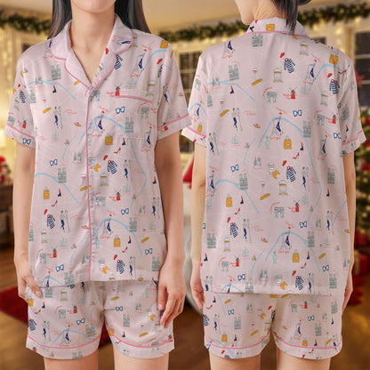Parisian Chic Satin Short Pajama Set – Pink French-Themed Sleepwear | Eiffel Tower, Perfume & Café Print PJs for Women, Men, Youth & Matching Family Loungewear HPRPJMADS-27