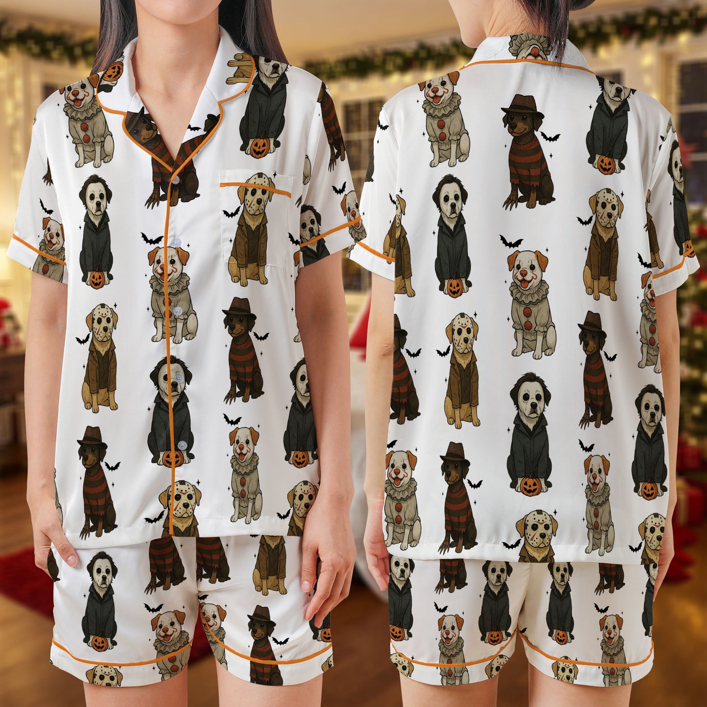 Halloween Horror Dogs Satin Short Pajama Set – Spooky Movie Villain Puppy Print Sleepwear | White & Orange Trim PJs for Women, Men, Kids & Matching Family Sets HPRPJMADS-29