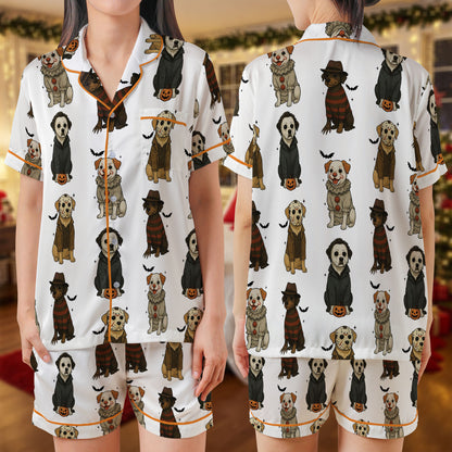 Halloween Horror Dogs Satin Short Pajama Set – Spooky Movie Villain Puppy Print Sleepwear | White & Orange Trim PJs for Women, Men, Kids & Matching Family Sets HPRPJMADS-29