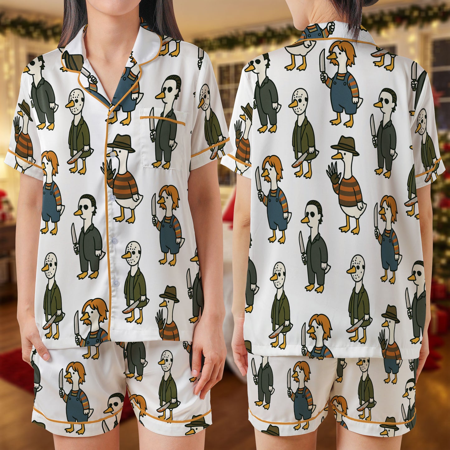 Halloween Killer Ducks Satin Short Pajama Set – Funny Horror Movie Parody Sleepwear | White Duck Print PJs for Women, Men, Youth & Matching Family OutfitsHPRPJMADS-30