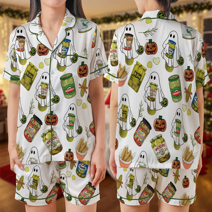 Halloween Pickle Ghost Satin Short Pajama Set – Funny Pickle Jar & Ghost Print Sleepwear | White & Green Trim PJs for Women, Men, Kids & Matching Family Outfits HPRPJMADS-31
