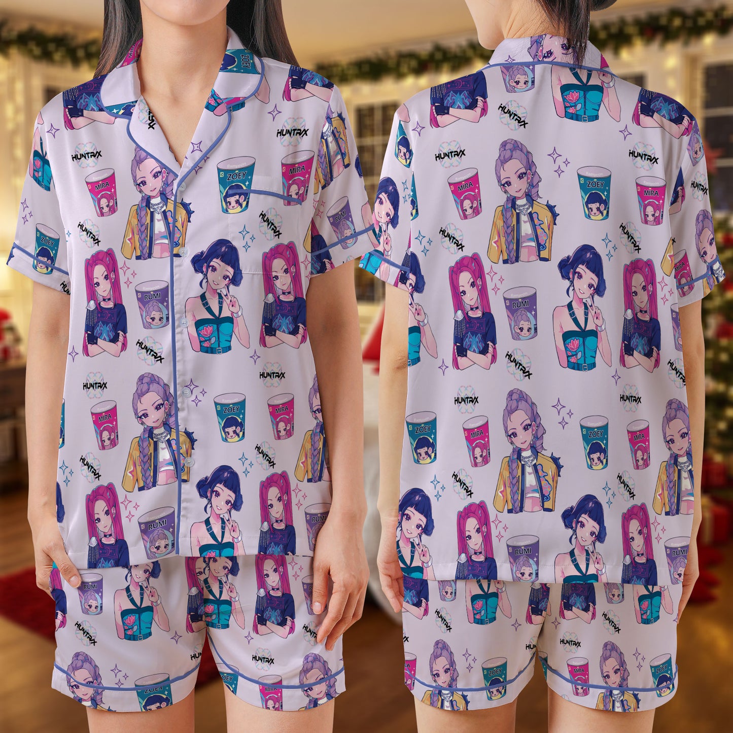 Anime Girl Snack-Themed Satin Short Pajama Set – Cute Kawaii Cartoon Print Sleepwear | Lavender PJs for Women, Teens, and Matching Friends Sets HPRPJMADS-32
